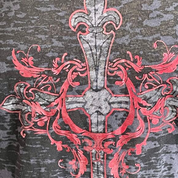 Rustic Rebellion Y2K Black Burnout Tee Foil Graphics Cross  Fleur-De-Lis Sz XL - Picture 6 of 7